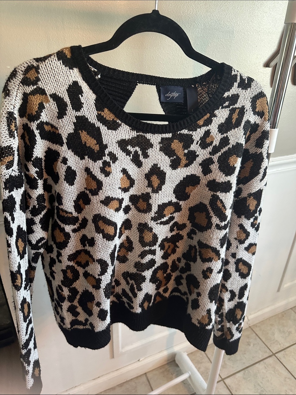 Leopard Print Crewneck Sweater - Black, White & Brown